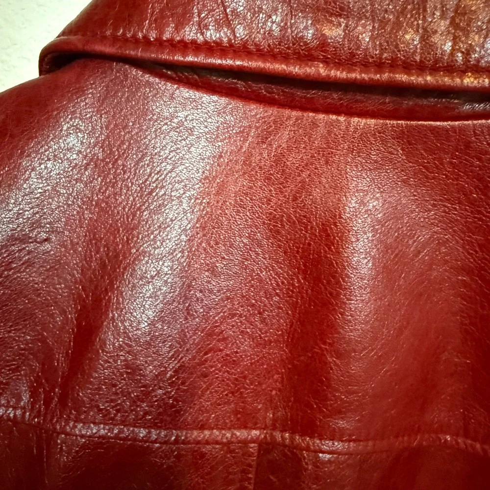 Women's Vintage Guess Los Angeles Maroon Red Leather Jacket Multi Pockets Large - Picture 14 of 15